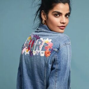 PILCRO Medium Wash Denim Jacket with Multicolor Floral Embroidery “Amore” NWT